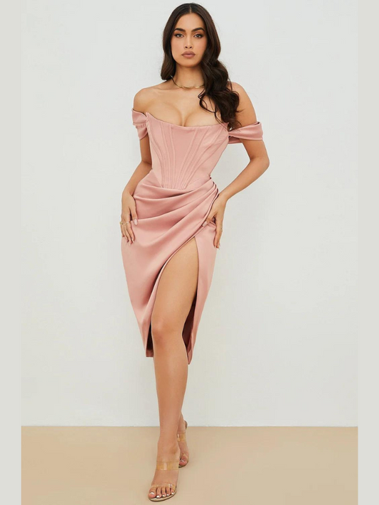 Robe Midi de Cocktail à Corset Drapé en Satin Brillant